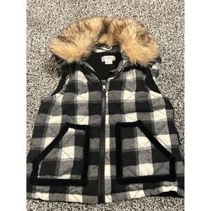 Cc18 Mud Pie Kids Buffalo Plaid Hooded Vest Faux Fur‎ Trim Black White 2T-3T